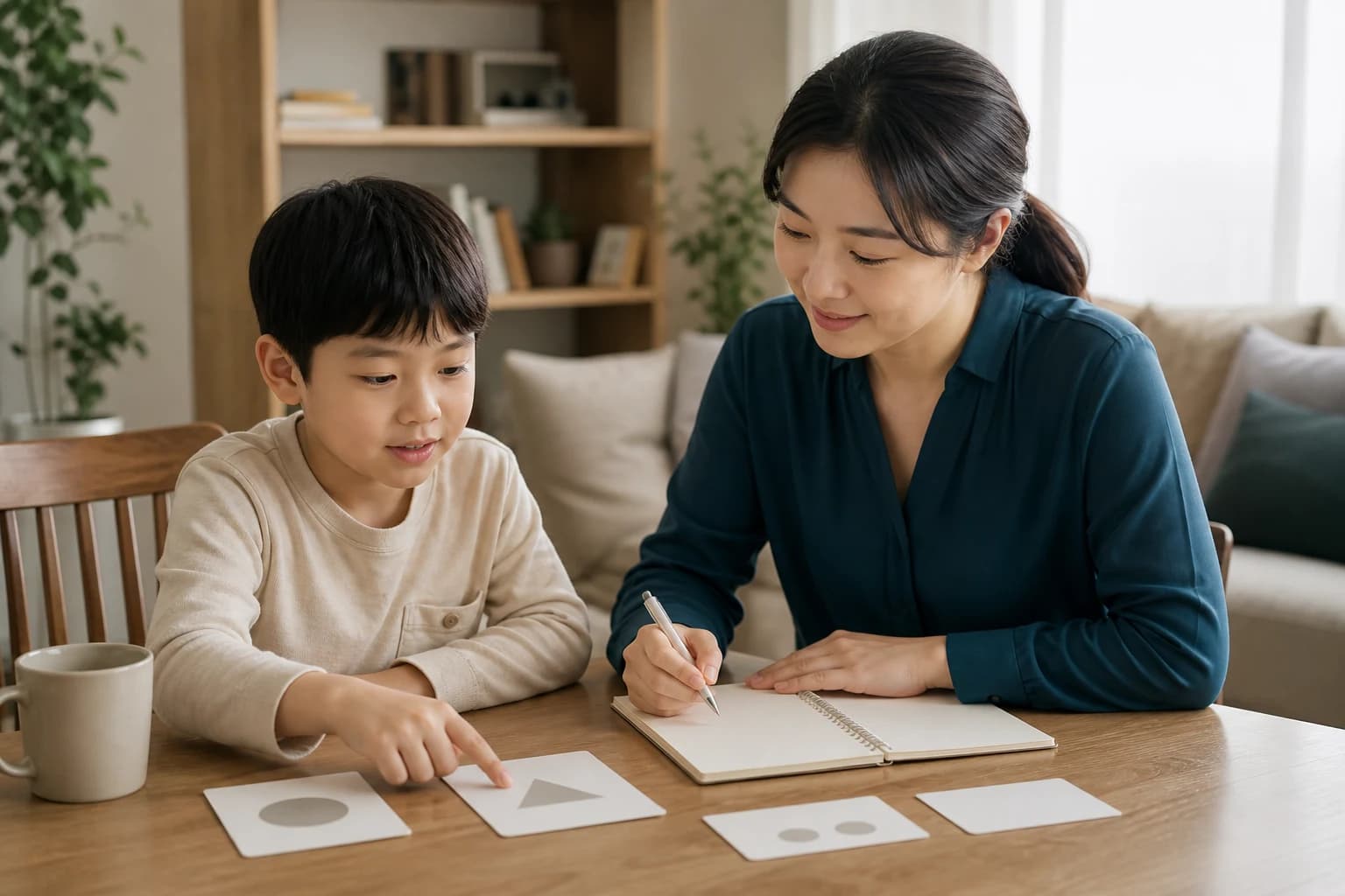 집에서 보호자와 아이가 진료 전 기록을 함께 준비하는 모습